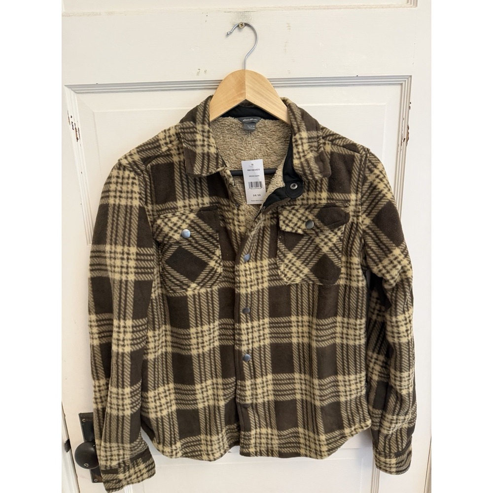 Eddie Bauer Boys Sherpa Lined Snap Front Brown Plaid Shirt Jacket Size 14/16 New